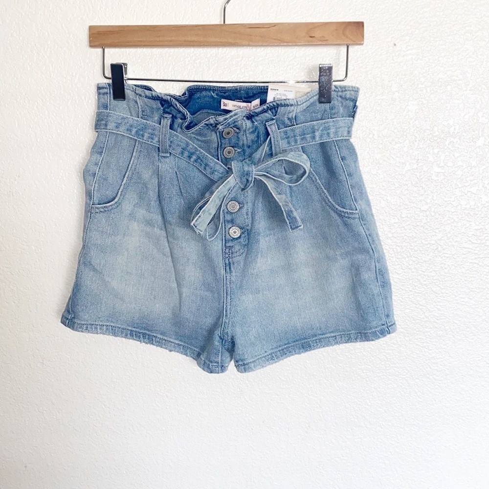 SO High Rise Vintage Stretch Light Wash Paperbag Mom Shorts